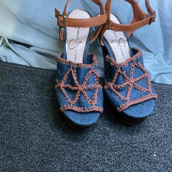 Jessica Simpson Dezzie Mega Wood Platform Sandals Blue Denim JS-DEZZIE Size 5.5 - Picture 1 of 4
